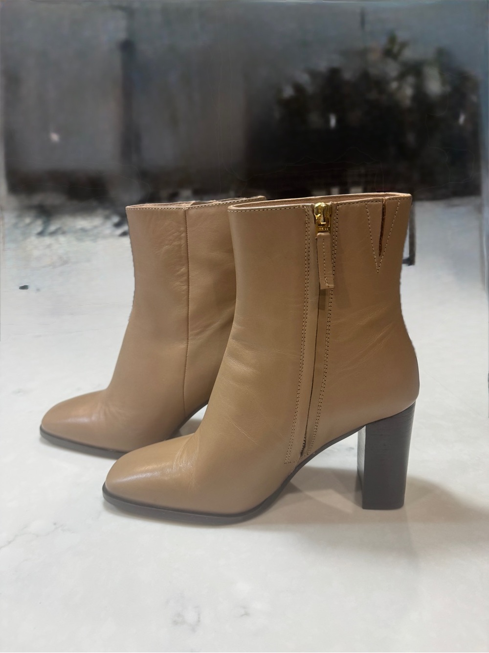 REISS Casey Camel Leather Square-Toe Block Heel Ankle Boots US 7 EU 38 NIB
